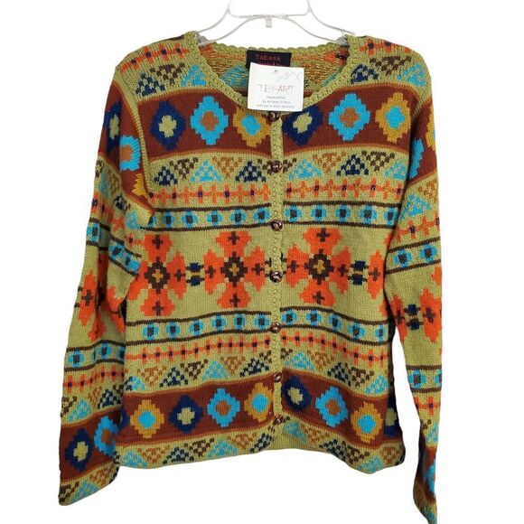 Tabask Sweaters - New Tabask Tey-Art ALPACA Sweater Cardigan Small Colorful Aztec Southwestern #35